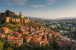 Aerial view of Tbilisi Old Town, Mtkvari river, Bridge of Peace and Rike Park concert hall